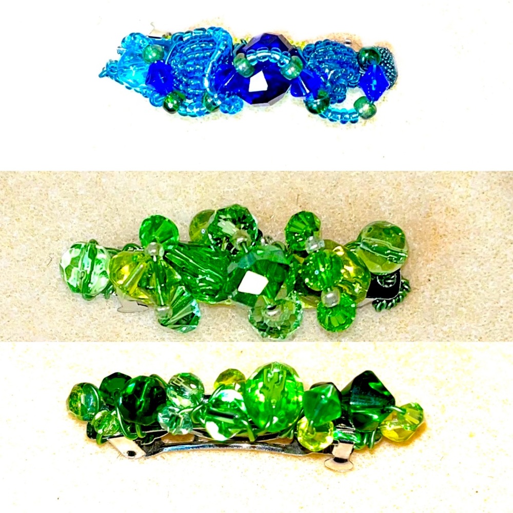 Three Blue & Green Faceted Gemstones & Beads Wire Wrapped 2.5” French Barrettes